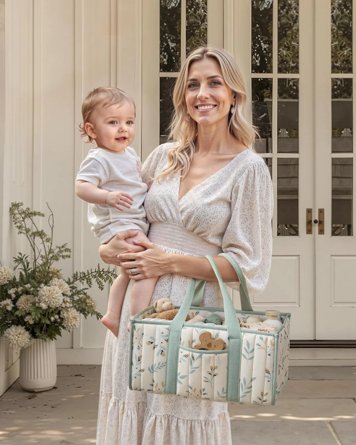 Diaper Caddy Organizer, Stylish Nursery Storage Basket, Gift for Baby Shower, Newborn Essentials, Floral Beige