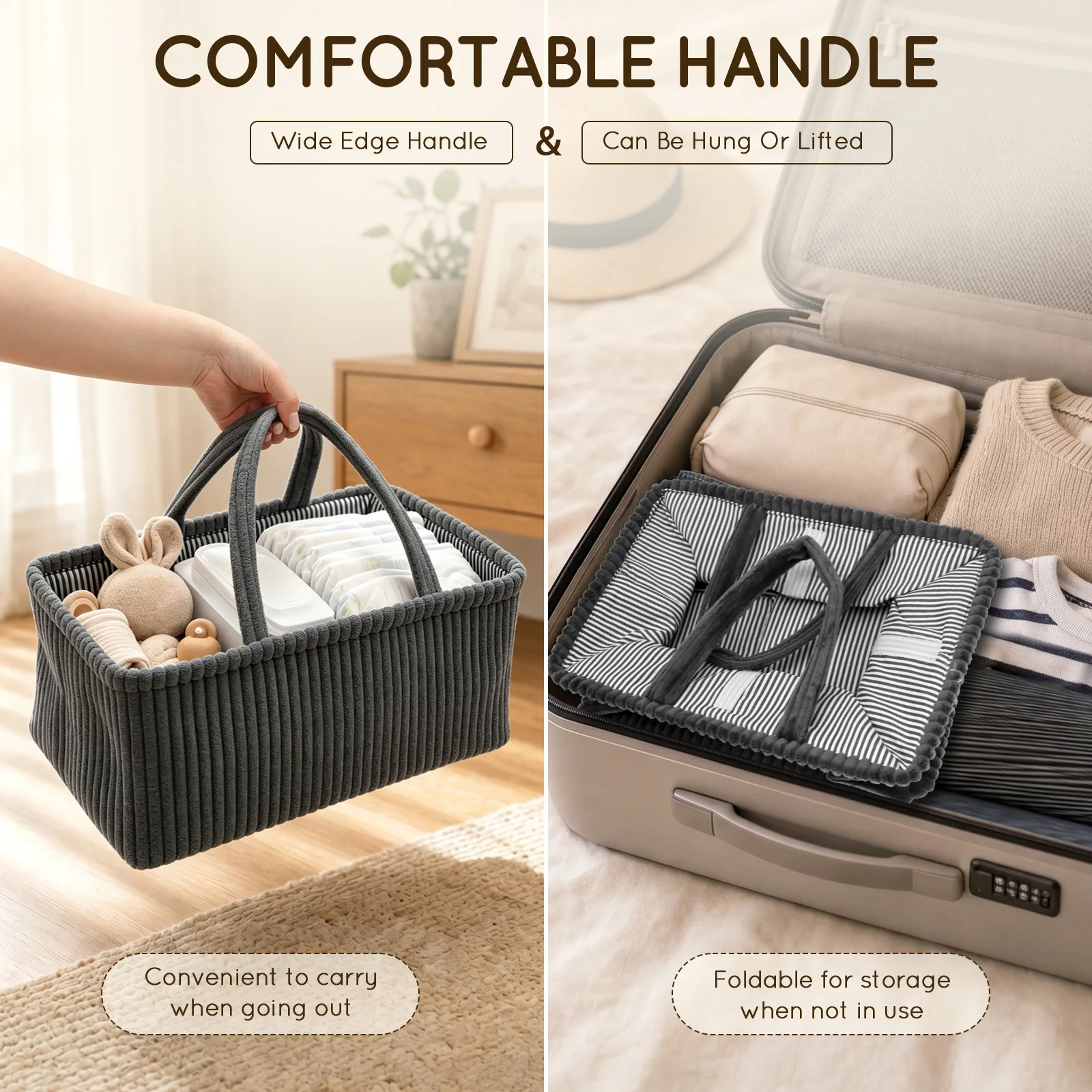 Baby Diaper Caddy Organizer Corduroy Travel Portable Mommy Bag Large Capacity Nursery Storage Bin Feeding Bottle Storage Handbag