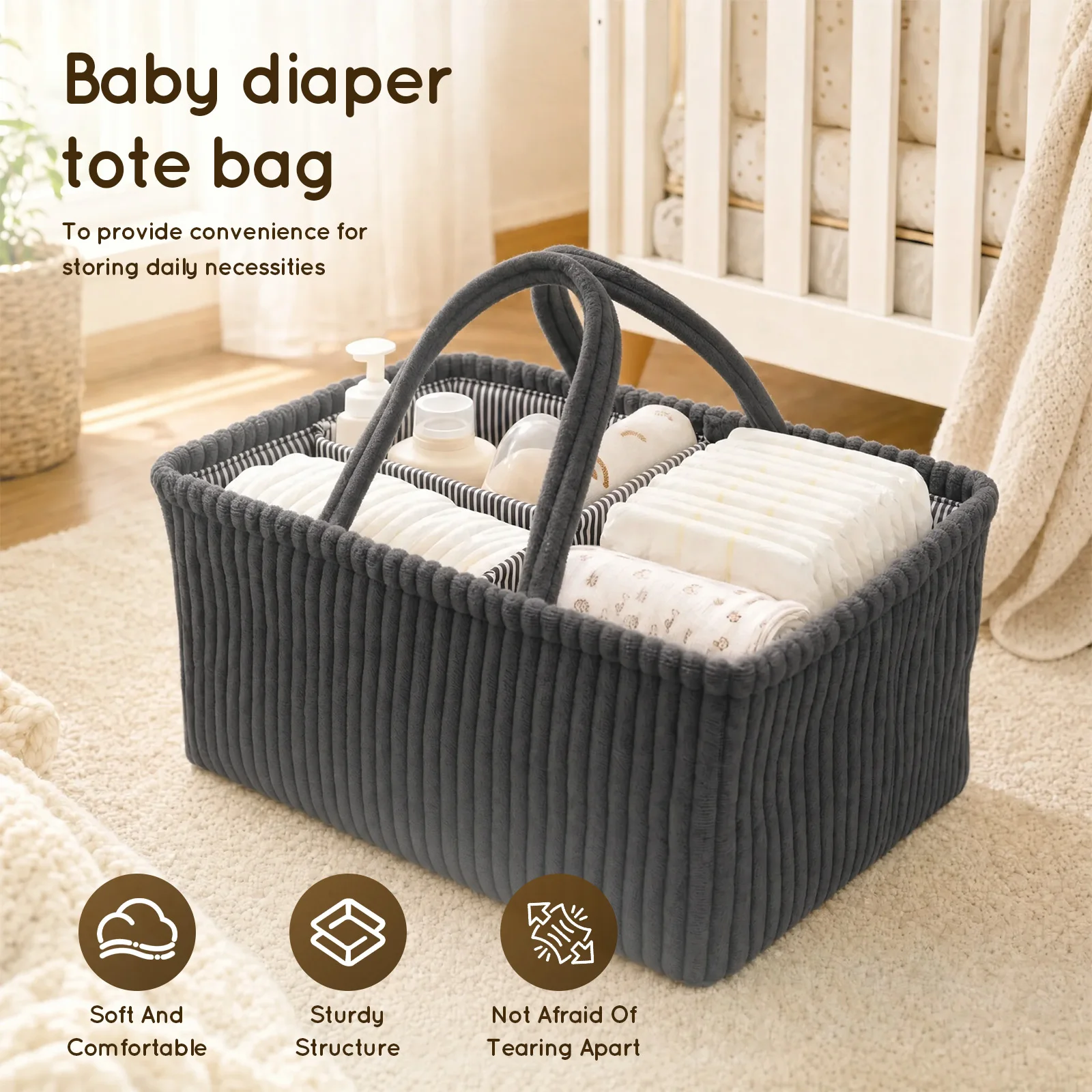 Baby Diaper Caddy Organizer Corduroy Travel Portable Mommy Bag Large Capacity Nursery Storage Bin Feeding Bottle Storage Handbag
